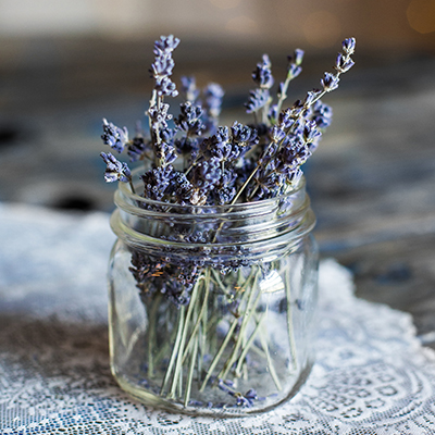A glass bottle with lavender
